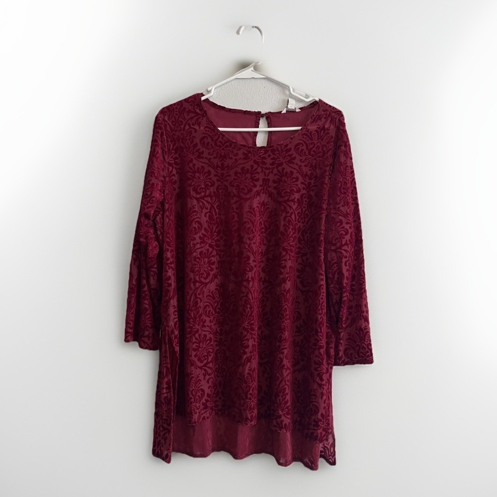 Womens 18/20W Red Velvet Burnout Floral Sheer 3/4 Sleeve Tunic Top